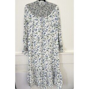 ZARA Dress Small Linen Embroidered Floral Smocked Prairie High Neck Maxi
